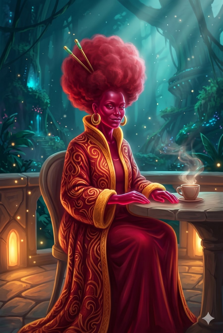 The Red Ruby Edgra Zintalé — a ruby-red light-being at her café