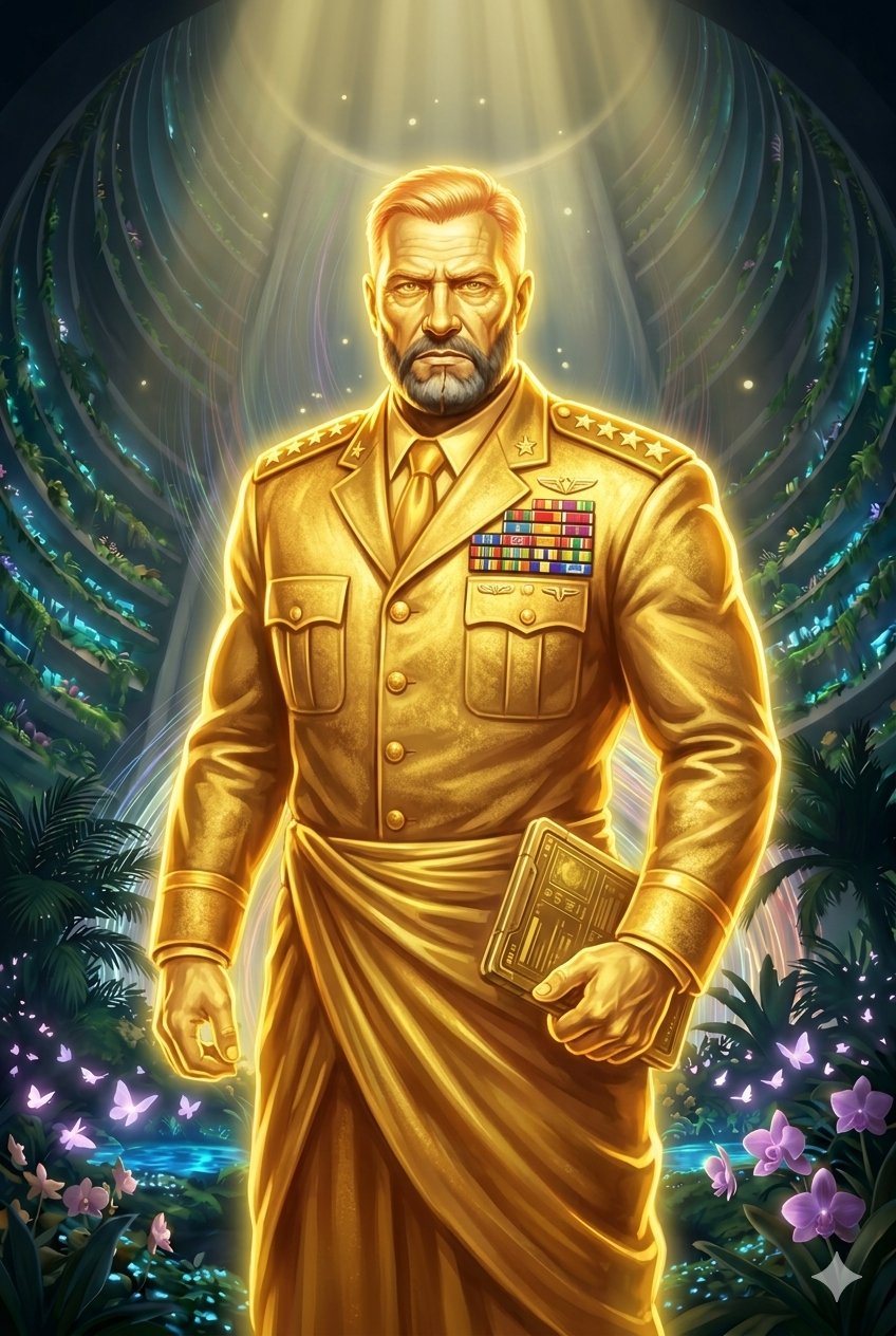 The Yellow General — a golden light-being in a decorated military uniform