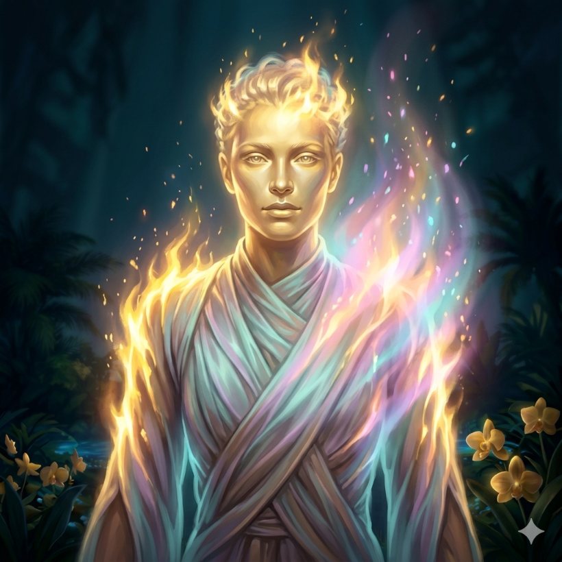 Ignition — a being kindling into rainbow flame at dawn