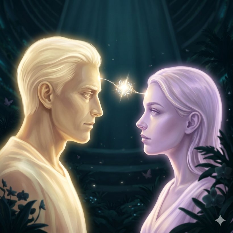 Telepathy — two beings, a spark of light passing mind to mind