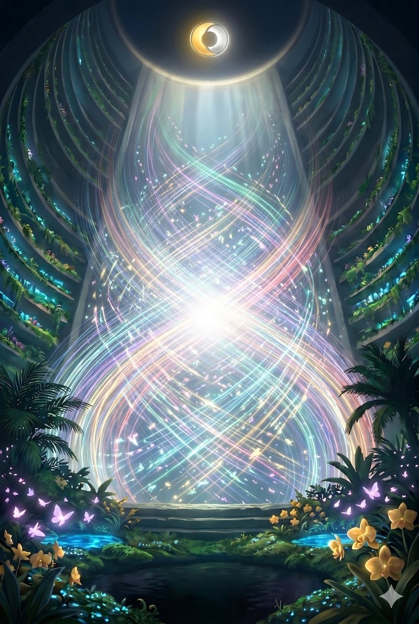 The central lit — hundreds of coloured light-trails braiding the core of the world