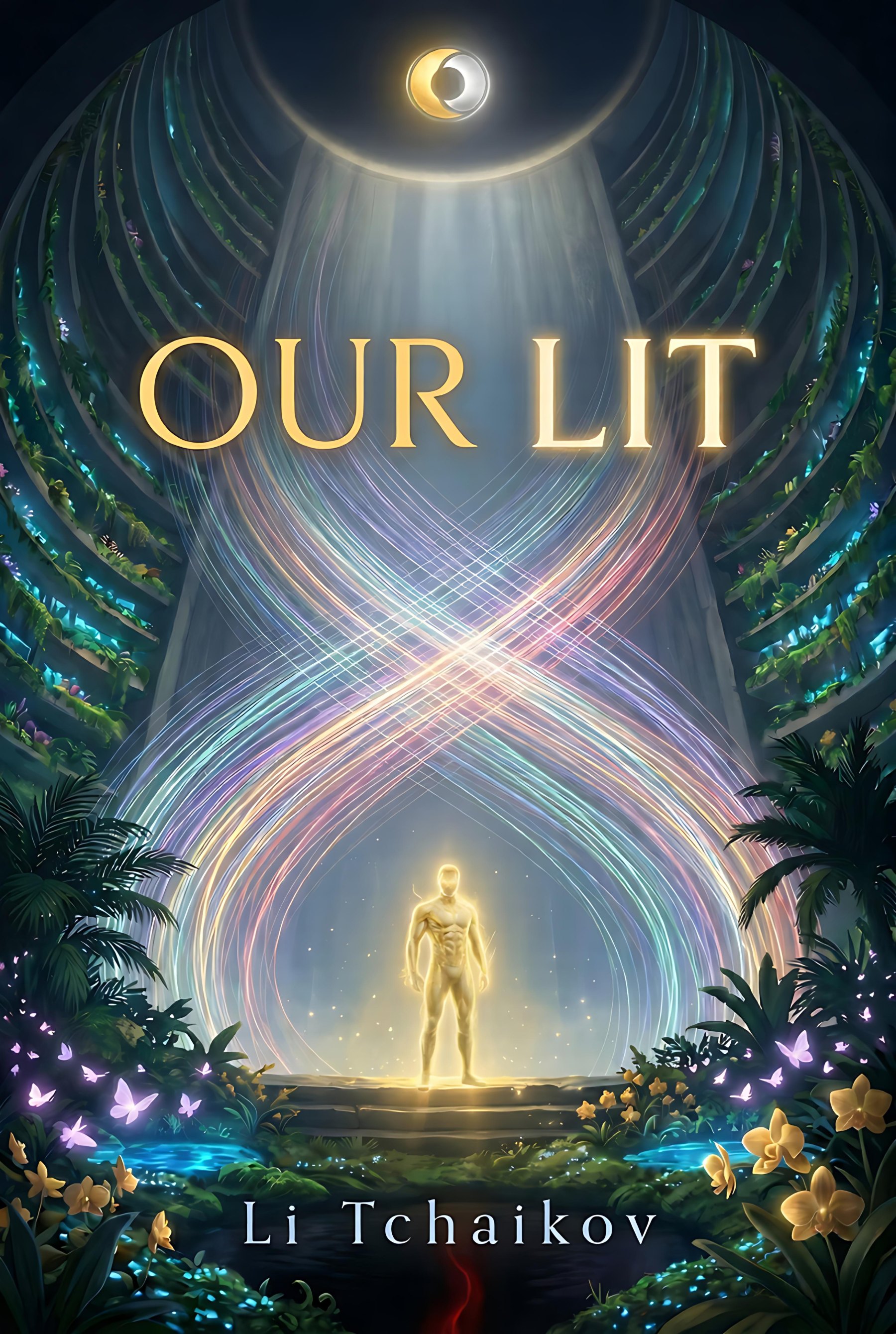 Our Lit by Li Tchaikov - book cover: a glowing golden figure in a vast vertical jungle-world, threads of coloured light crossing above beneath a crescent moon.